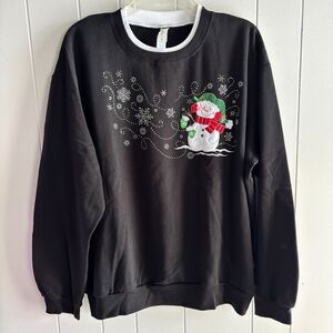 Woman's XL Black Layer Look Crewneck Holiday Applique Snowman Sweatshirt #F